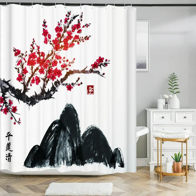 Rideau de douche cerisier rouge et montagne noire