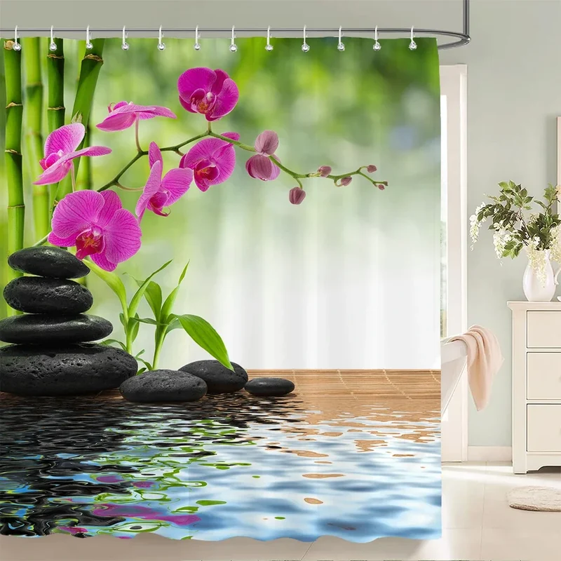 Rideau de douche orchidées roses zen