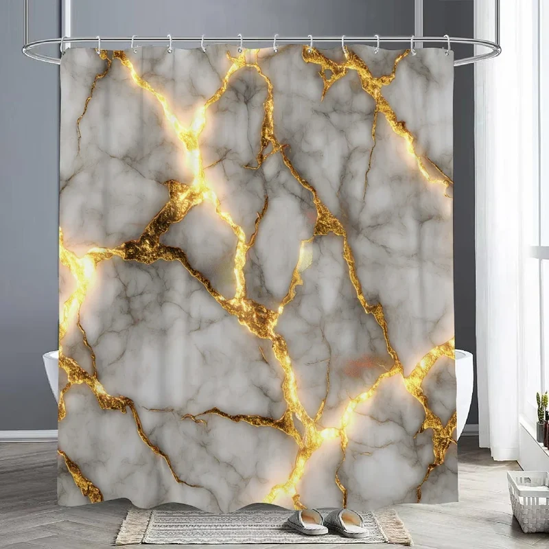Rideau de douche marbre blanc et or