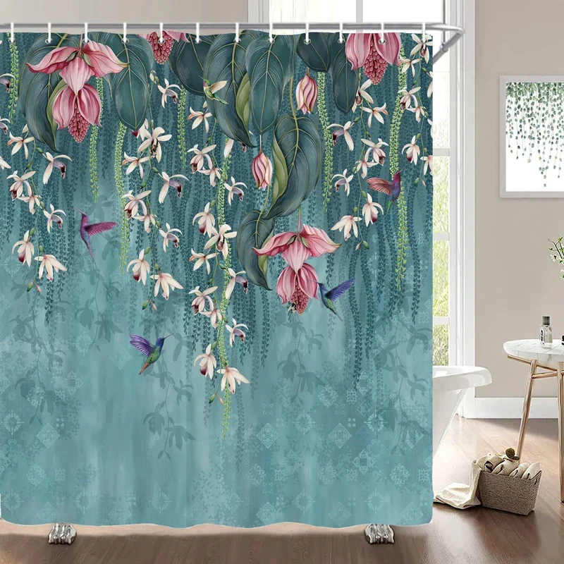 Rideau de douche fleurs tropicales et colibris