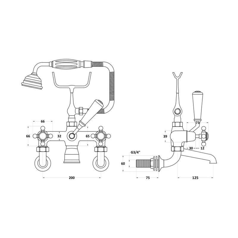 Hudson Reed Topaz Wall Mounted Bath Shower Mixer Trad Chrome Brass 320x350x155mm - BC404DXWM
