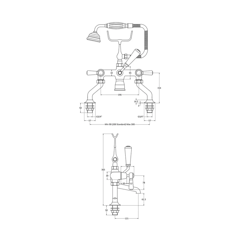 Hudson Reed Topaz Bath Shower Mixer Trad Chrome Brass 320x350x155mm - BC404DL