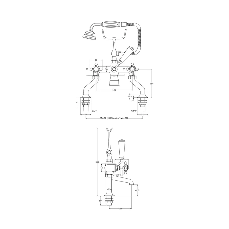 Hudson Reed Topaz Deck Mounted Bath Shower Mixer Trad Chrome Brass 320x350x155mm - BC304HX