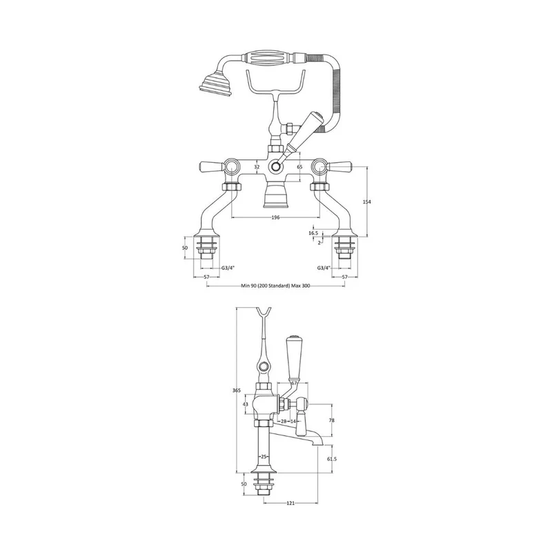 Hudson Reed Topaz Bath Shower Mixer Trad Chrome Brass 320x350x155mm - BC304HL