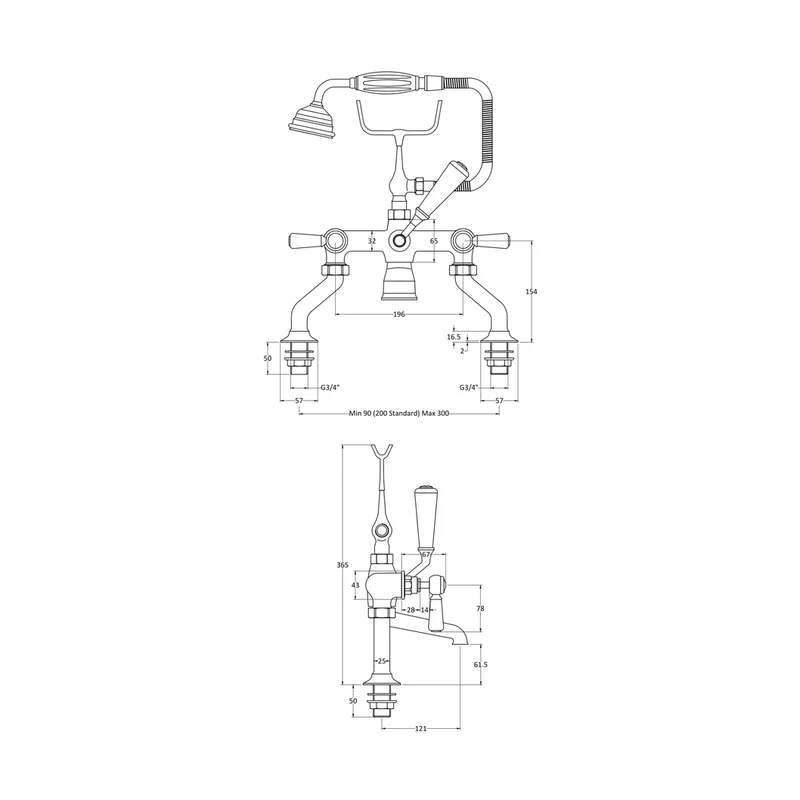 Hudson Reed Topaz Bath Shower Mixer Trad Chrome Brass 320x350x155mm - BC304HL
