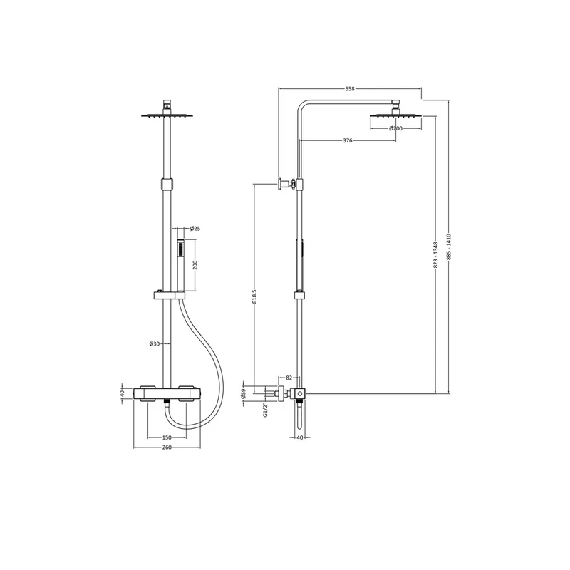 Hudson Reed Bar Mixer Shower Sets Square Brass Thermostatic Bar Valve & Shower Kit Contemp Chrome 1410x260x458mm