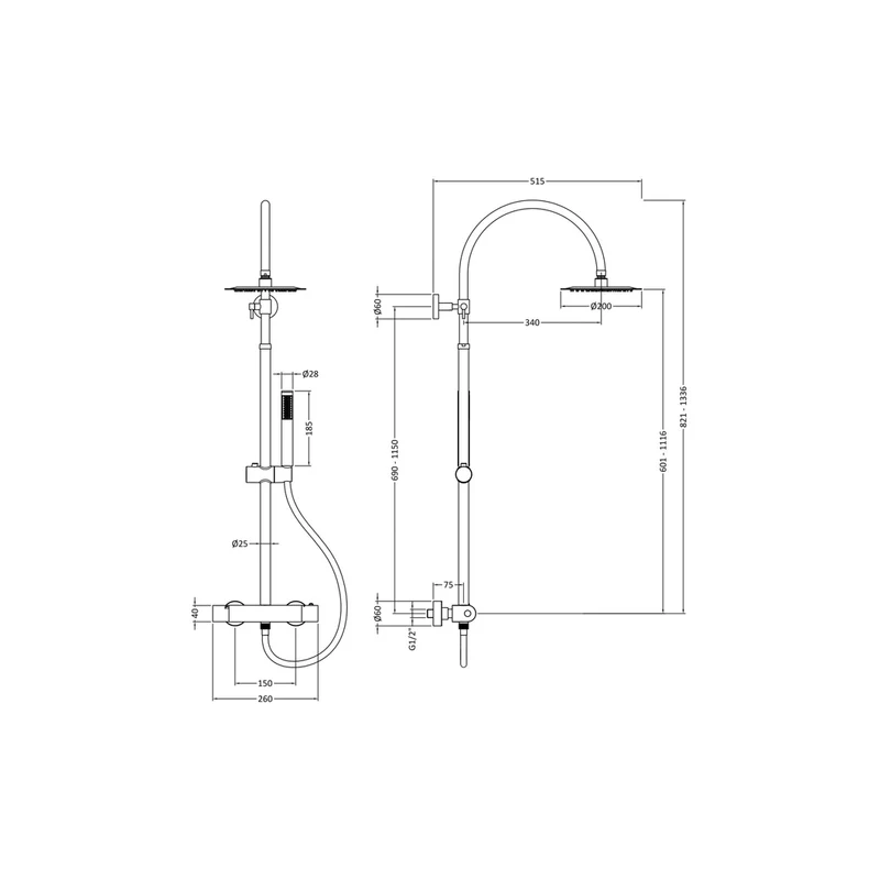 Hudson Reed Bar Mixer Shower Sets Round Brass Thermostatic Bar Valve & Shower Kit Contemp Chrome 1336x260x415mm