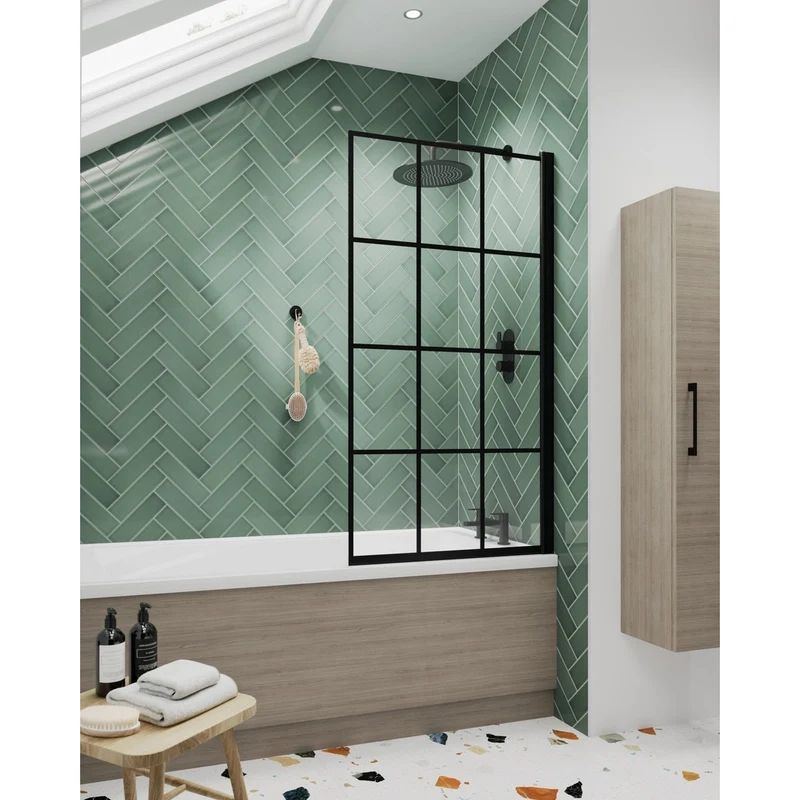 Hudson Reed Bath Screens Square Black Framed Bath Screen Contemp Matt Black Aluminium 1430x790x38mm