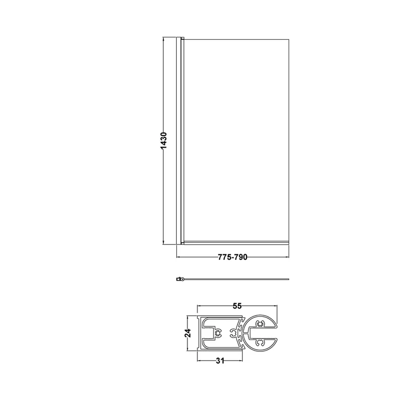 Hudson Reed Bath Screens Square Bath Screen Trad Matt Black Aluminium 1430x790x24mm