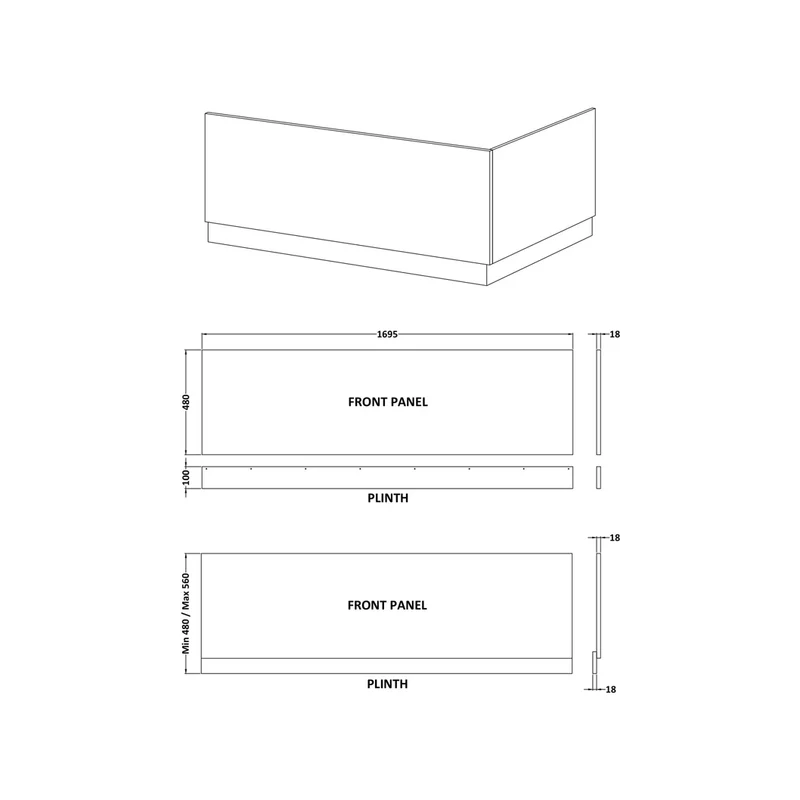 Hudson Reed Fusion 1700mm Bath Front Panel & Plinth Contemp Gloss White MDF Painted Gloss 560x1695x36mm