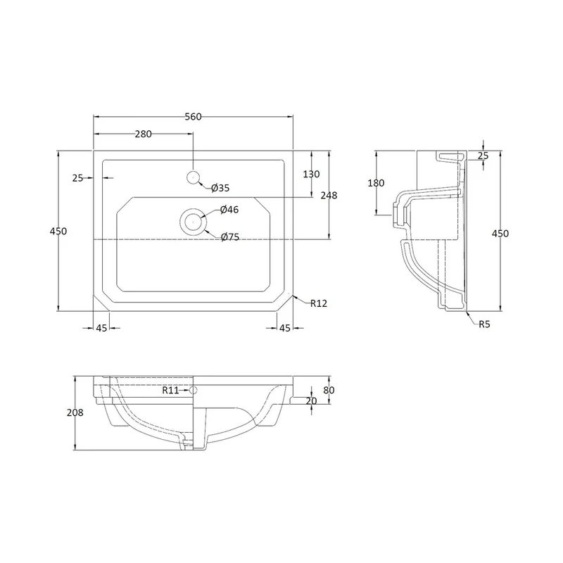 Hudson Reed Richmond 560mm Semi Recessed Basin (1 Tap Hole) Trad White Vitreous China 208x560x450mm