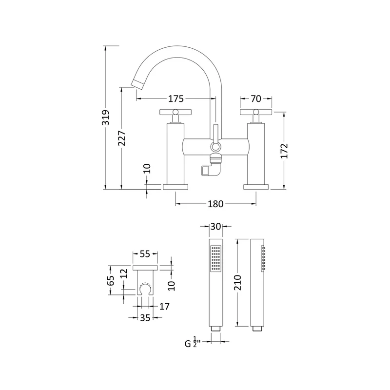 Hudson Reed Tec Crosshead Bath Shower Mixer Contemp Chrome Brass 319x230x50mm