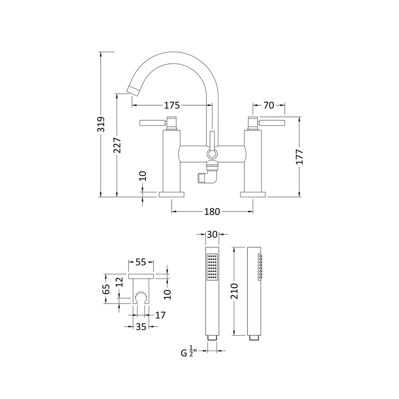 Hudson Reed Tec Lever Bath Shower Mixer Contemp Chrome Brass 320x230x220mm