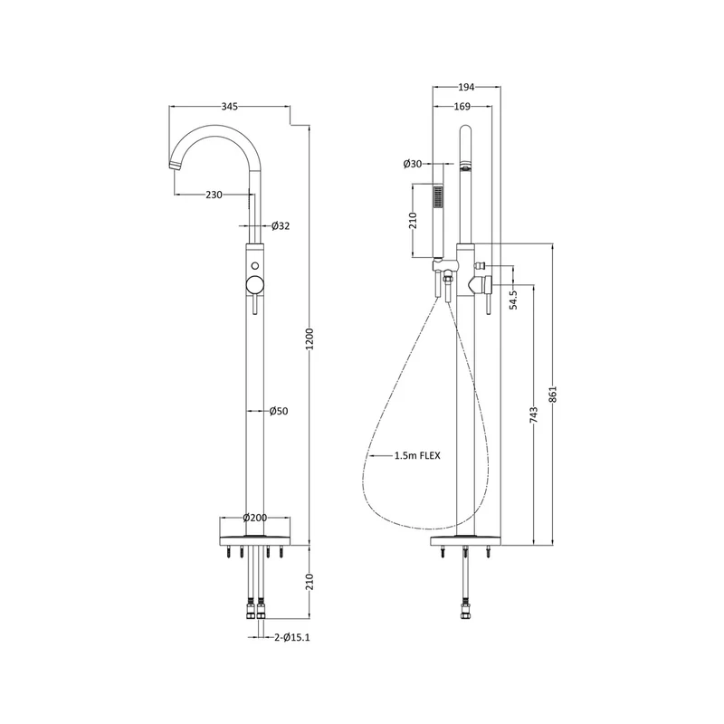 Hudson Reed Bath Shower Mixers Tec Floor Standing Bath Shower Mixer Contemp Brushed Brass Brass,plastic 1200x200x345mm