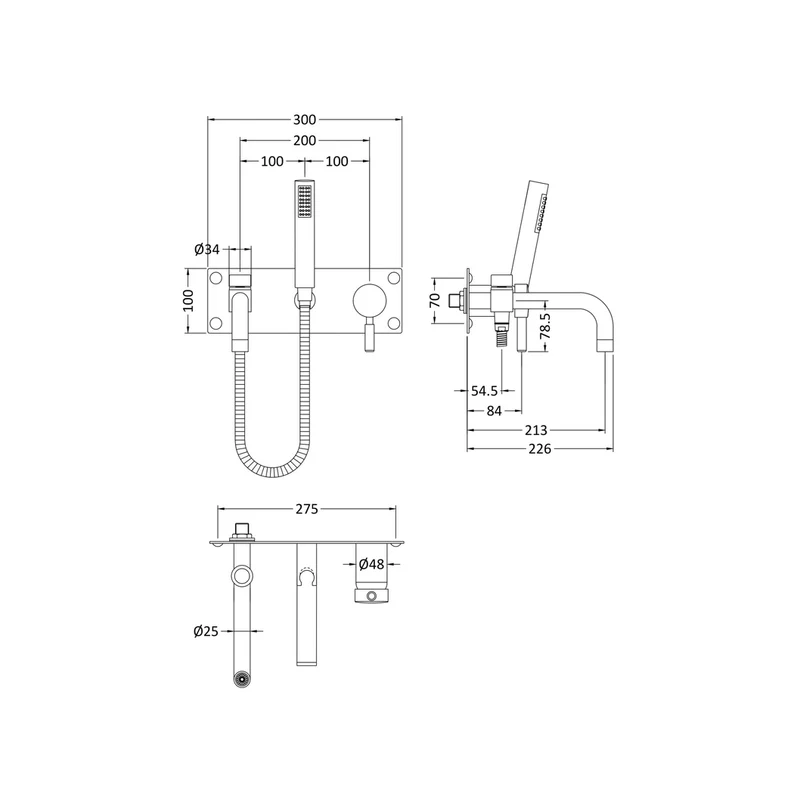 Hudson Reed Tec Single Lever Wall Mounted Bath Shower Mixer Contemp Chrome Brass,plastic 150x300x213mm