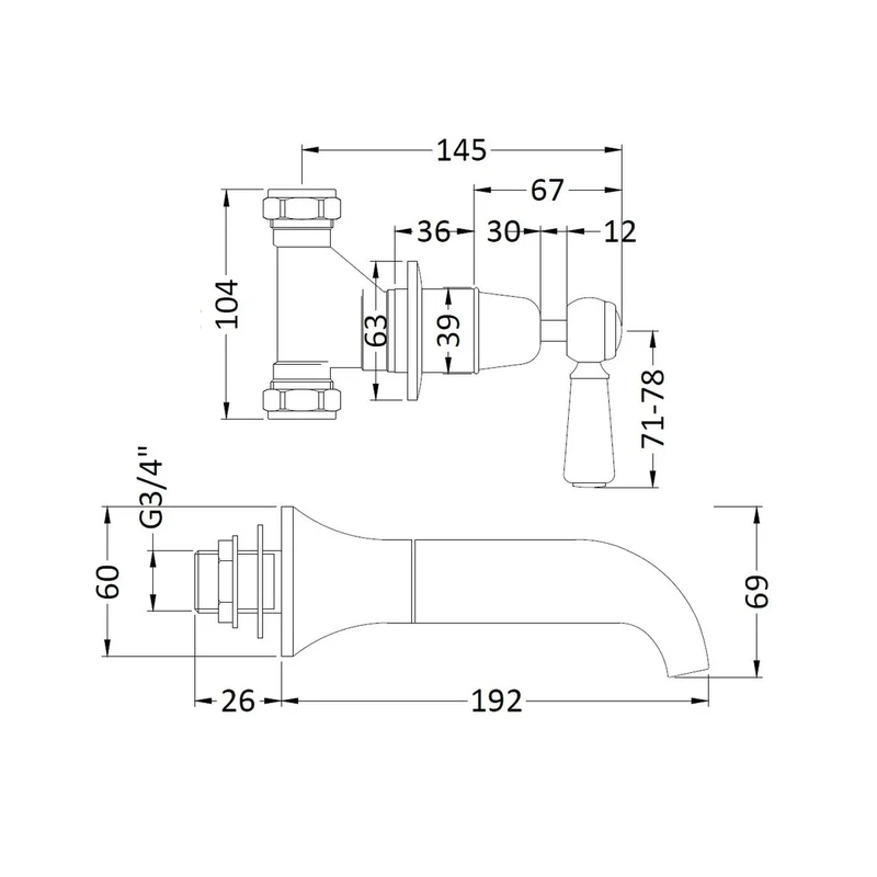 Hudson Reed Topaz Wall Mounted Bath Spout & Stop Taps Trad Chrome Brass - BC309DL