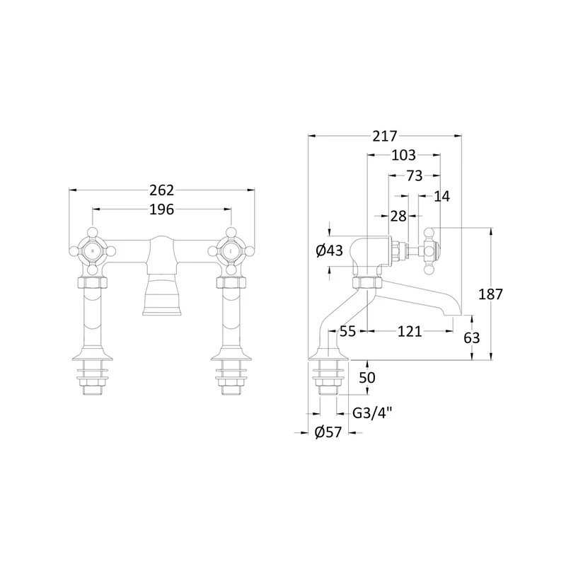 Hudson Reed Topaz Deck Mounted Bath Filler Trad Chrome Brass 187x262x217mm - BC303HX