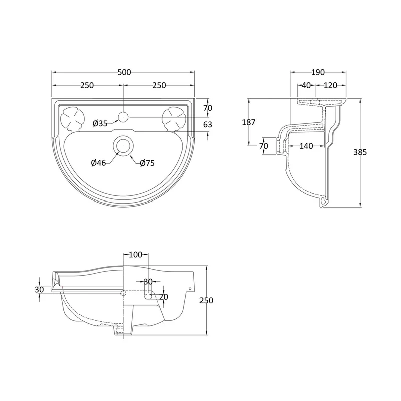 Hudson Reed Chancery 500mm Basin (1 Tap Hole) Trad White Vitreous China 250x500x400mm