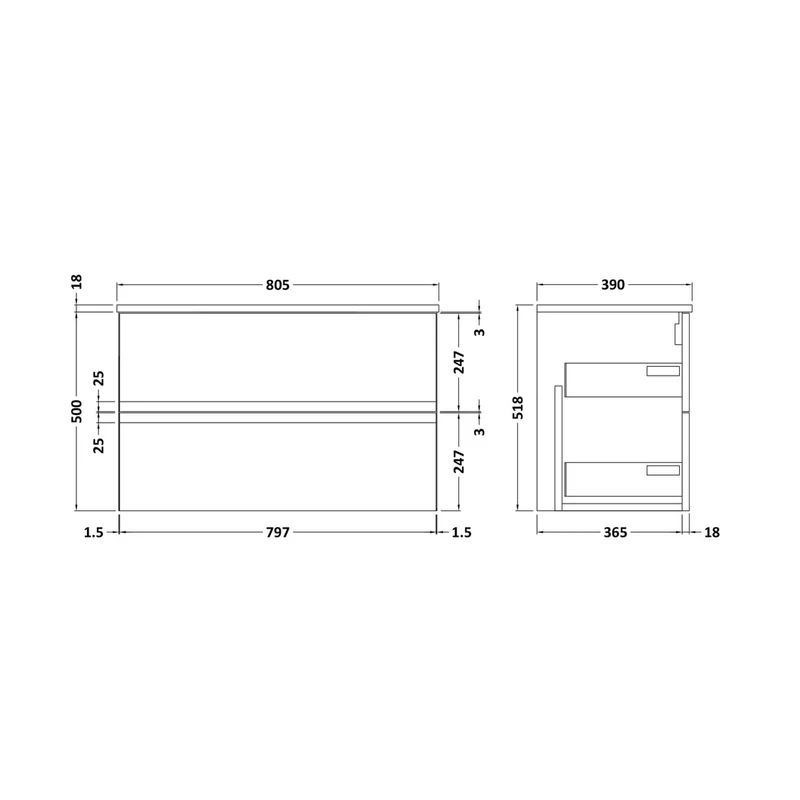 Hudson Reed Urban 800mm Wall Hung 2-drawer Vanity Unit & Worktop Contemp Satin Blue MFC Painted Matt 518x805x390mm