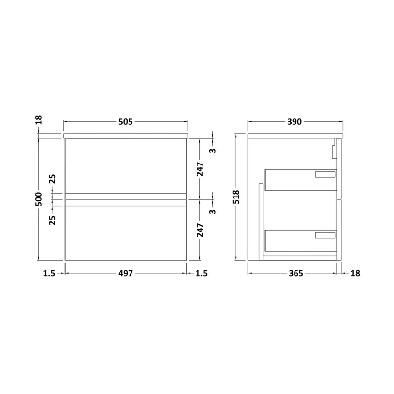Hudson Reed Urban 500mm Wall Hung 2-drawer Vanity Unit & Worktop Contemp Satin Blue MFC Painted Matt 518x505x390mm