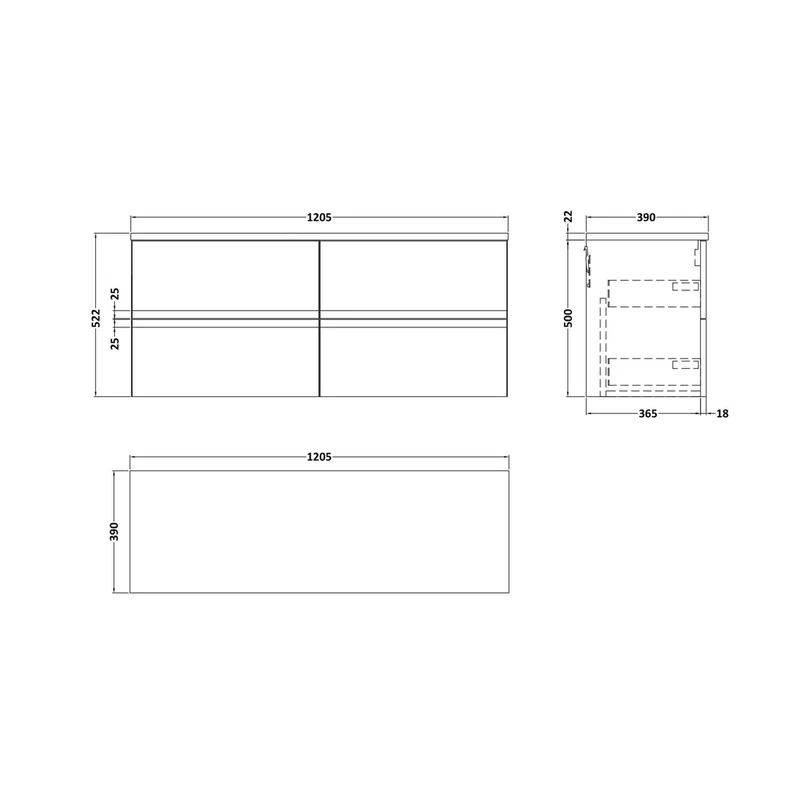 Hudson Reed Urban 1200mm Wall Hung 4-drawer Unit & Laminate Worktop Contemp Satin Grey MFC Painted Matt 522x1205x390mm - URB204LBG2