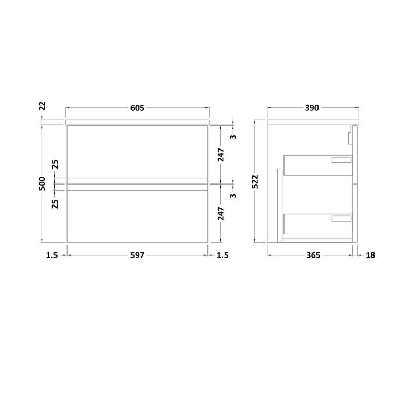 Hudson Reed Urban 600mm Wall Hung 2-drawer Vanity Unit & Laminate Worktop Contemp Satin Grey MFC Painted Matt 522x605x390mm - URB204LBG