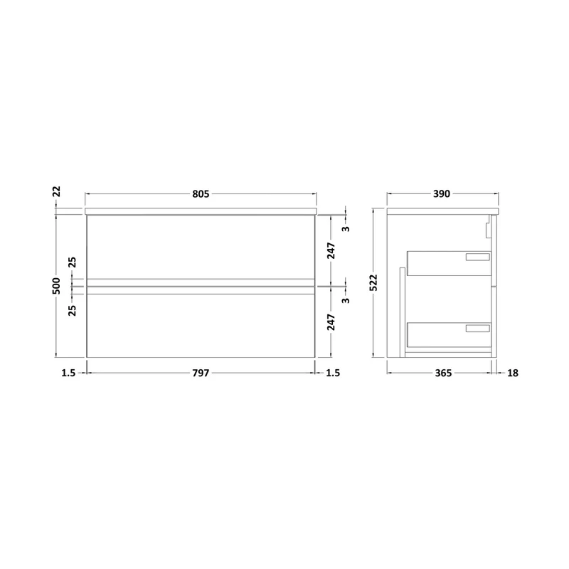 Hudson Reed Urban 800mm Wall Hung 2-drawer Unit & Laminate Worktop Contemp Satin White MFC Painted Matt 522x810x390mm