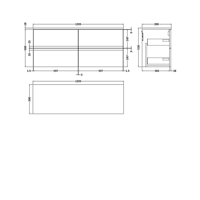 Hudson Reed Urban 1200 Wall Hung 4 Drawer Unit & Worktop Contemp Satin White MFC Painted Matt 518x1205x390mm
