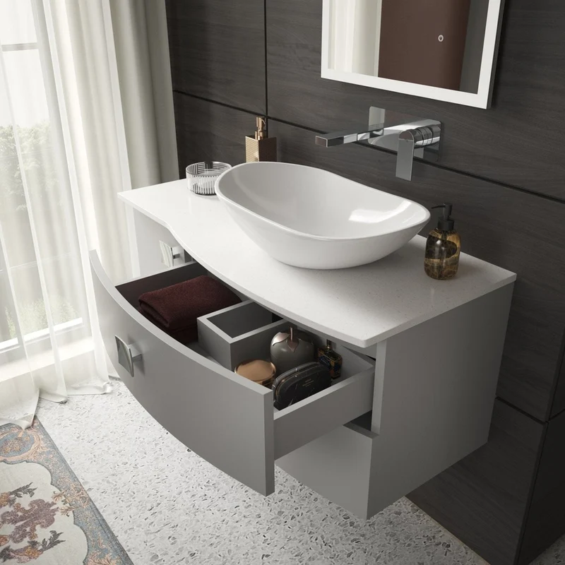 Hudson Reed Sarenna 1000mm Right Hand Cabinet With Marble Top Contemp Dove Grey MFC Smooth Matt 446x1012x504mm - SAR203R