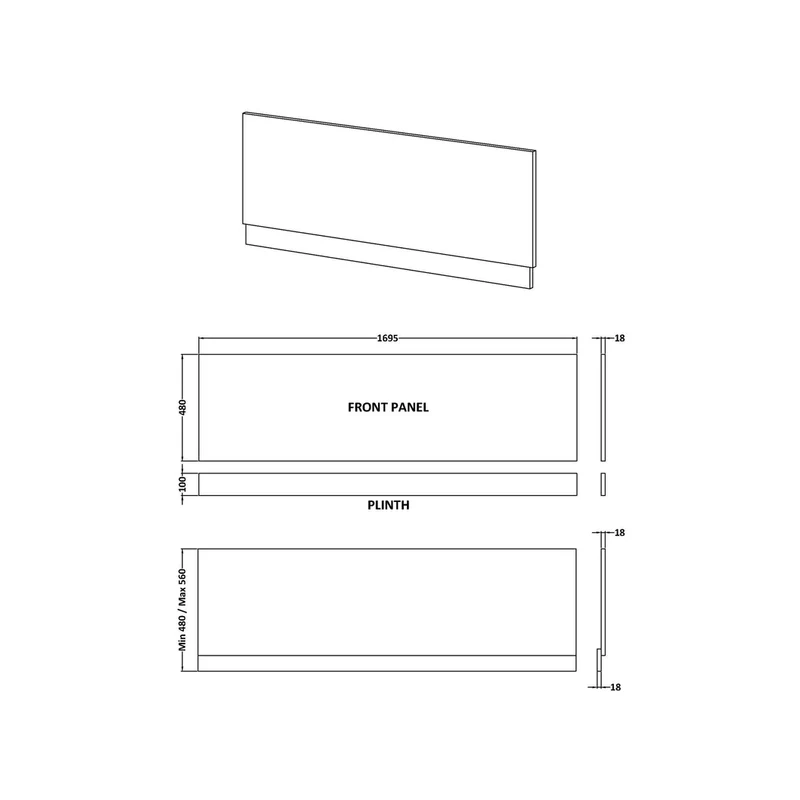Hudson Reed Bath Panels 1700mm Bath Front Panel Contemp Graphite Grey Woodgrain MFC Textured Woodgrain 560x1695x36mm