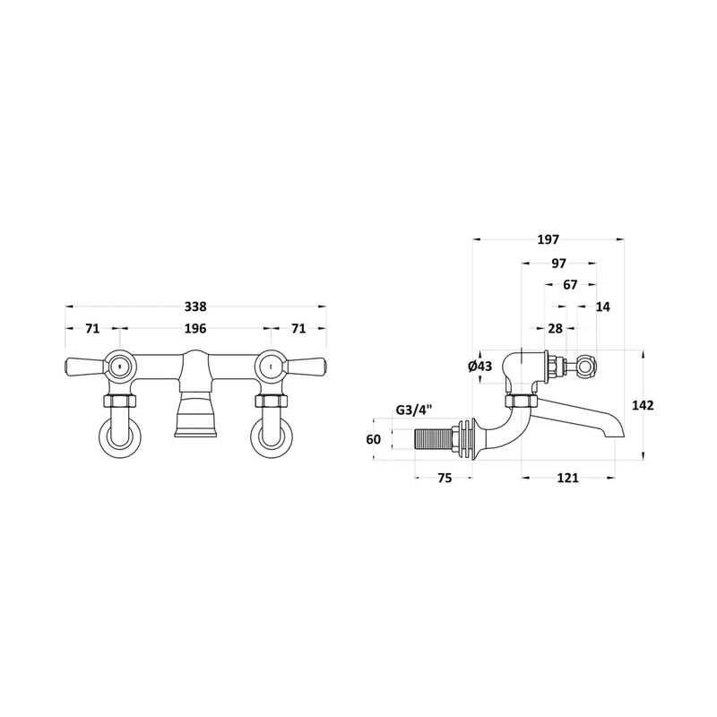 Hudson Reed Topaz Wall Mounted Bath Filler Trad Chrome Brass 142x338x197mm - BC403HLWM