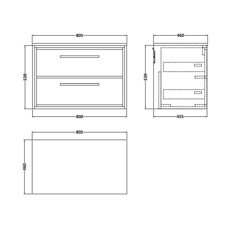Hudson Reed Lille 800mm Wall Hung 2-drawer Vanity With Worktop Contemp Antique Oak MFC Textured Woodgrain 539x805x460mm