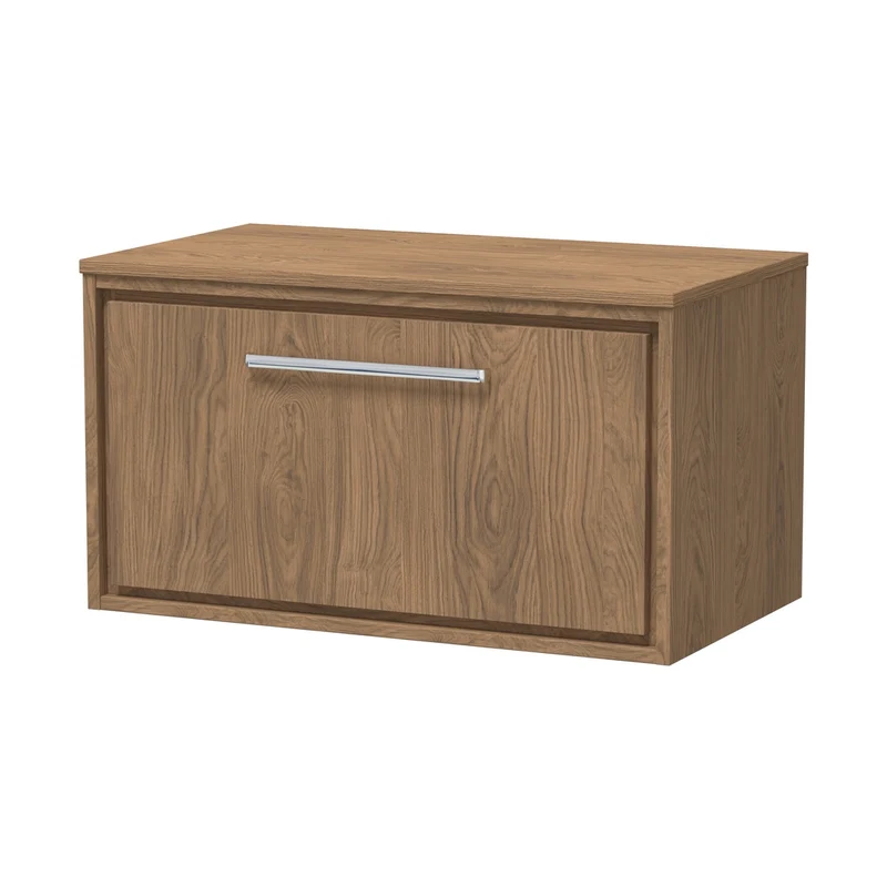 Hudson Reed Lille 800mm Wall Hung Single Drawer Vanity With Worktop Contemp Antique Oak MFC Textured Woodgrain 449x805x460mm