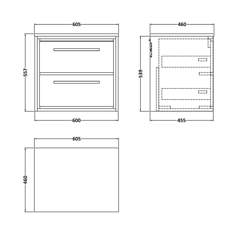 Hudson Reed Lille 600mm Wall Hung 2-drawer Vanity With Worktop Contemp Graphite Grey Woodgrain MFC Textured Woodgrain 557x605x460mm