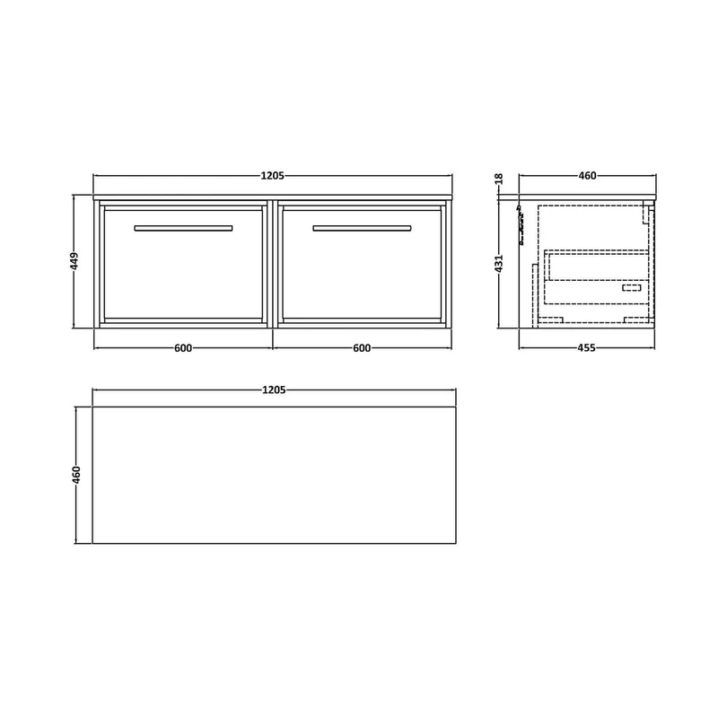 Hudson Reed Lille 1200mm Wall Hung Single Drawer Vanity With Worktop Contemp Graphite Grey Woodgrain MFC Textured Woodgrain 449x605x460mm