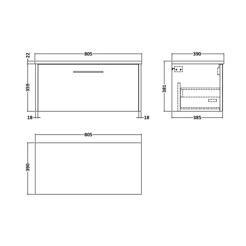 Hudson Reed Juno 800 Wall Hung Single Drawer Vanity & Laminate Worktop Contemp Midnight Blue MFC Painted Matt 381x805x390mm