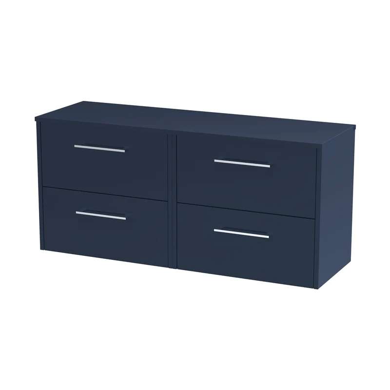 Hudson Reed Juno 1200mm Wall Hung 4-drawer Vanity & Worktop Contemp Midnight Blue MFC Painted Matt 557x1205x390mm