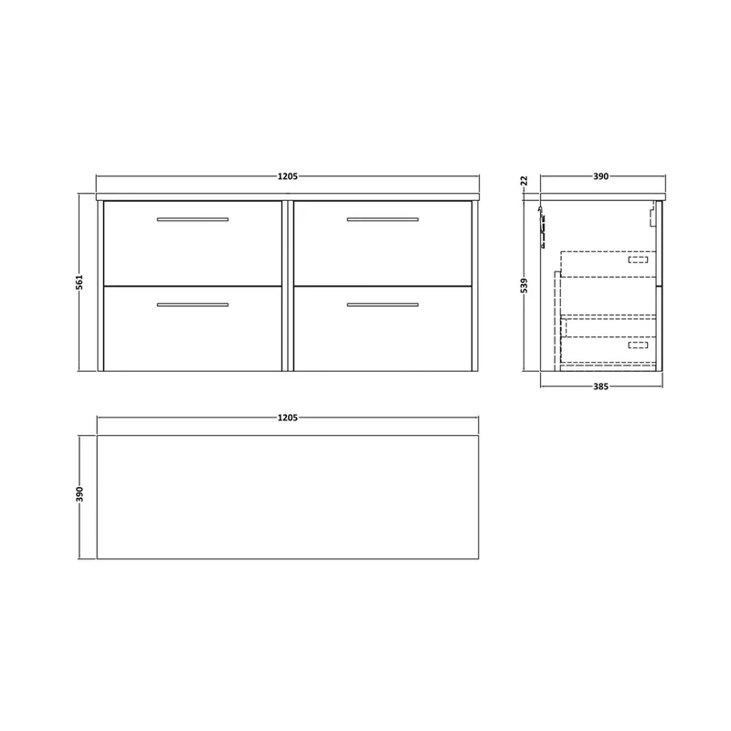 Hudson Reed Juno 1200 Wall Hung 4-drawer Vanity & Laminate Worktop Contemp Midnight Blue MFC Painted Matt 561x1205x390mm - JNU2924LBG2