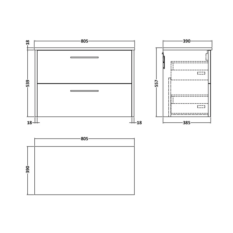 Hudson Reed Juno 800mm Wall Hung 2 Drawer Vanity & Worktop Contemp Metallic Slate MFC Textured Matt 557x805x390mm
