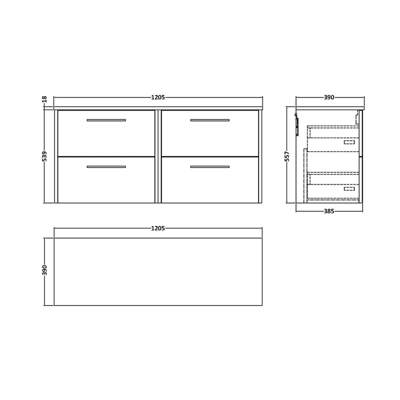 Hudson Reed Juno 1200mm Wall Hung 4 Drawer Vanity & Worktop Contemp Metallic Slate MFC Textured Matt 539x1205x390mm