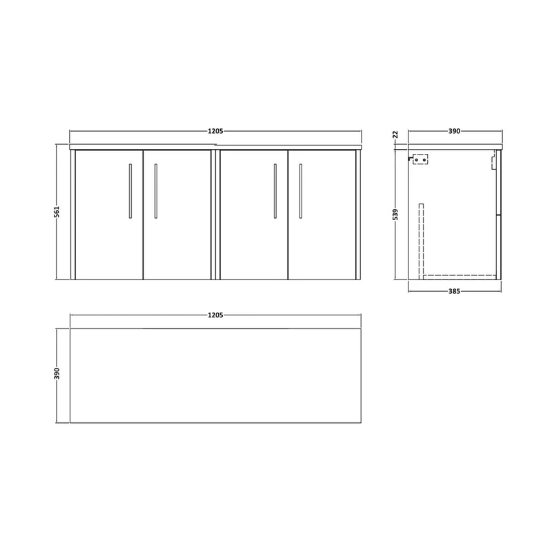 Hudson Reed Juno 1200 Wall Hung 4-door Vanity & Laminate Worktop Contemp Metallic Slate MFC Textured Matt 561x1205x390mm - JNU2623LCM2