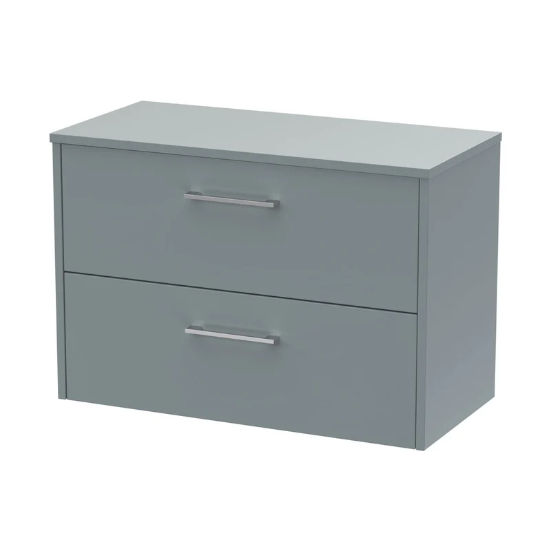 Hudson Reed Juno 800mm Wall Hung 2 Drawer Vanity & Worktop Contemp Coastal Grey MFC Smooth Matt 557x805x390mm