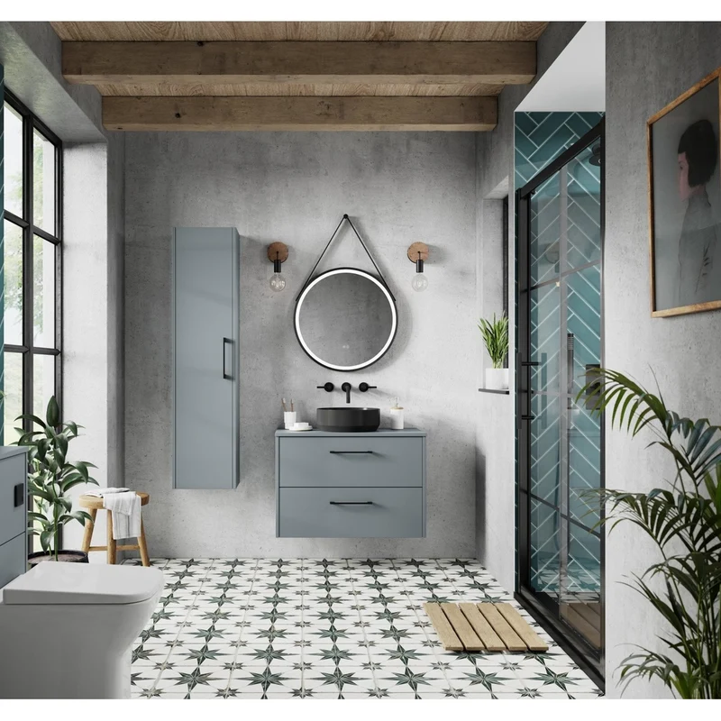 Hudson Reed Juno 800mm Wall Hung 2 Drawer Vanity & Worktop Contemp Coastal Grey MFC Smooth Matt 557x805x390mm