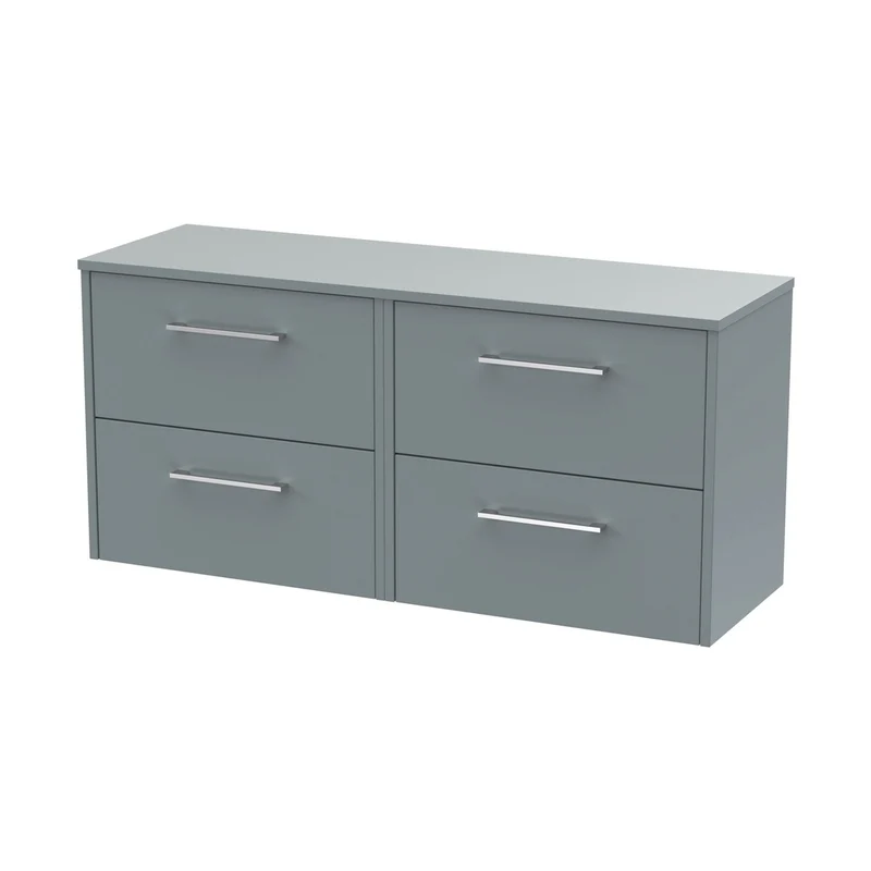 Hudson Reed Juno 1200mm Wall Hung 4 Drawer Vanity & Worktop Contemp Coastal Grey MFC Smooth Matt 539x1205x390mm