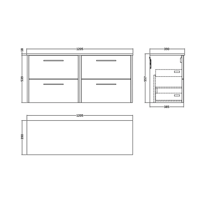 Hudson Reed Juno 1200mm Wall Hung 4 Drawer Vanity & Worktop Contemp Coastal Grey MFC Smooth Matt 539x1205x390mm