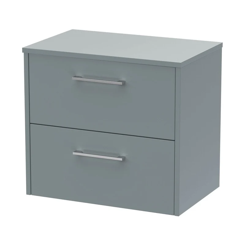 Hudson Reed Juno 600mm Wall Hung 2 Drawer Vanity & Worktop Contemp Coastal Grey MFC Smooth Matt 557x605x390mm
