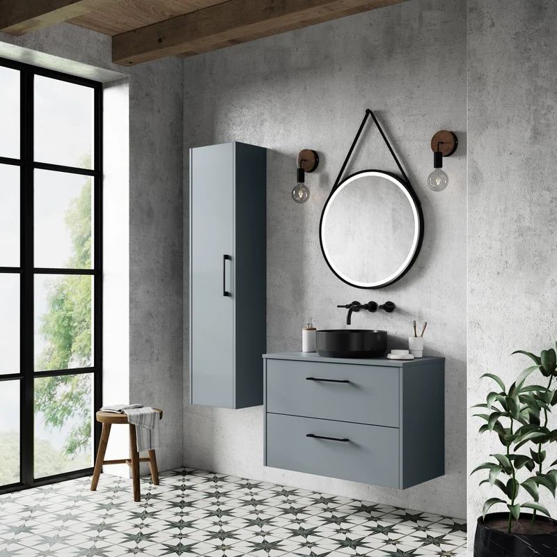 Hudson Reed Juno 600mm Wall Hung 2 Drawer Vanity & Worktop Contemp Coastal Grey MFC Smooth Matt 557x605x390mm