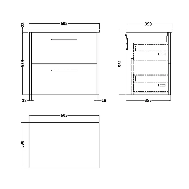 Hudson Reed Juno 600 Wall Hung 2-drawer Vanity & Laminate Worktop Contemp Coastal Grey MFC Smooth Matt 561x605x390mm
