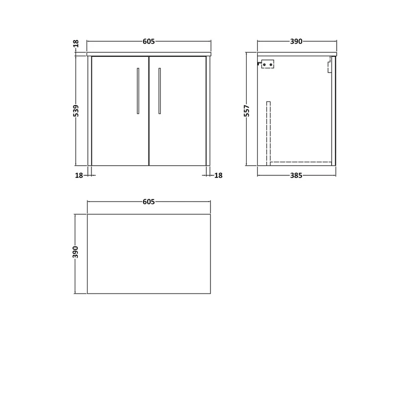 Hudson Reed Juno 600mm Wall Hung 2 Door Vanity & Worktop Contemp Coastal Grey MFC Smooth Matt 557x605x390mm