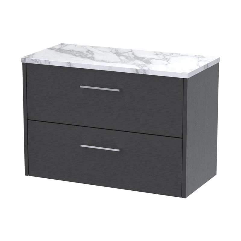 Hudson Reed Juno 800 Wall Hung 2-drawer Vanity & Laminate Worktop Contemp Graphite Grey Woodgrain MFC Textured Woodgrain 561x805x390mm